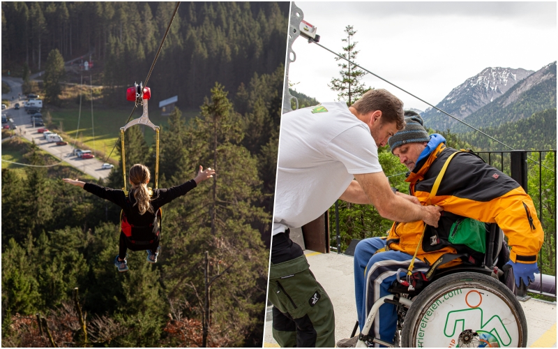 zena na zipline a vozickar
