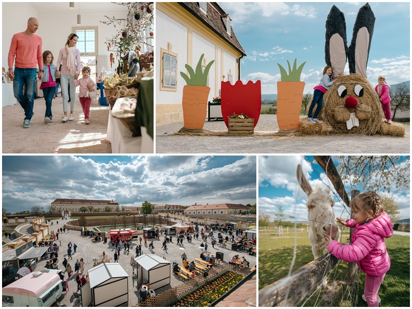 Zena oblecena za zajaca rozdava sladkosti z kosika detom